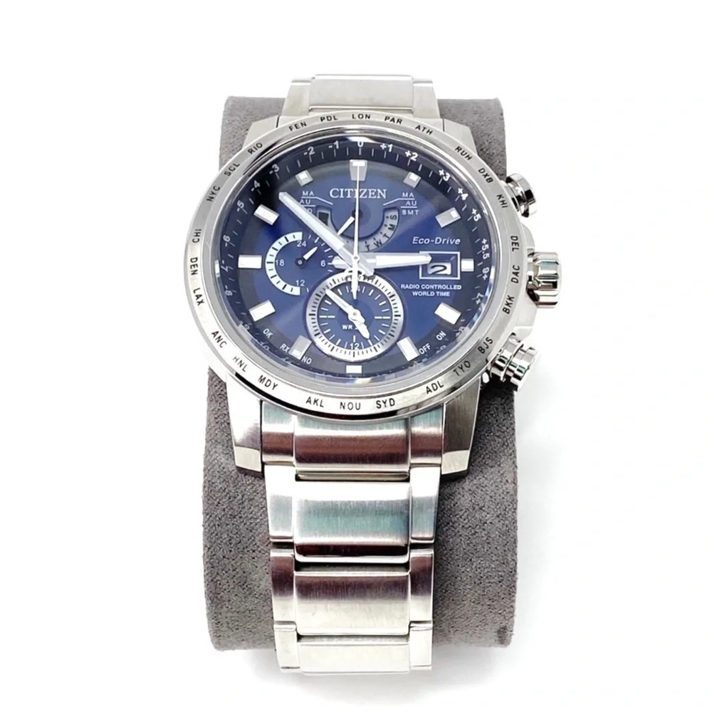 Citizen Eco-Drive World Time A-T Bracelet Watch Solar Silver-Toned w/ Blue Face - Picture 13 of 13